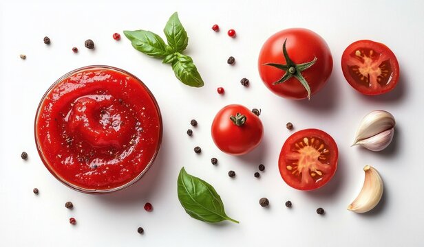 Bright flat lay of fresh tomato sauce, ripe tomatoes, basil leaves, garlic cloves and scattered peppercorns on white background, vibrant and appetizing