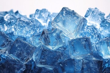 Obraz premium close-up pile of blue ice cubes, glistening and wet, evoking a crisp refreshing chill