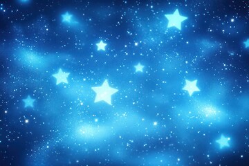 Obraz premium glowing blue starry sky with large five-pointed stars, twinkling sparkles and soft nebula clouds, dreamy peaceful celestial scene