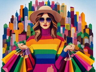 colorful fashion of woman with shopping bags