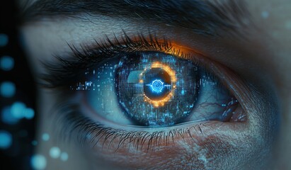 Close-up human eye with glowing blue and orange digital interface reflected in the iris, detailed eyelashes and skin, evoking futuristic curiosity and intense focused gaze