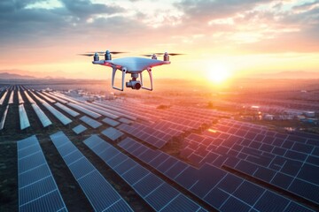 white quadcopter drone with camera hovering over expansive solar panel farm at sunset with warm glowing sky and distant mountains, conveying innovation and peaceful progress