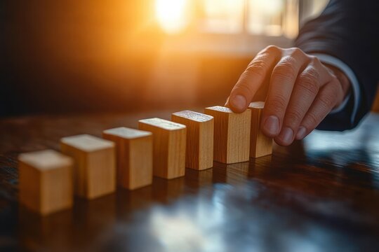 person in suit carefully arranging a row of wooden blocks on a polished table with warm sunlight, conveying focus, control and strategic calm