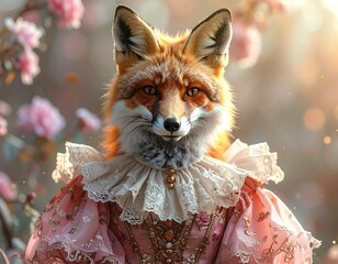 Fox anthropomorphized, wearing frilly pink dress with embellishments, surrounded by soft flowers