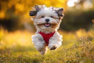 Fluffy small puppy in red harness leaping joyfully over sunlit grass with ears flapping and happy expression