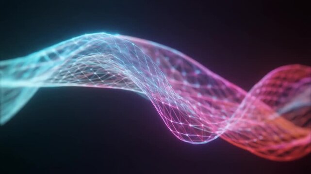Abstract background of glowing interconnected dots forming a wave pattern, with blue and pink color gradients on a dark backdrop