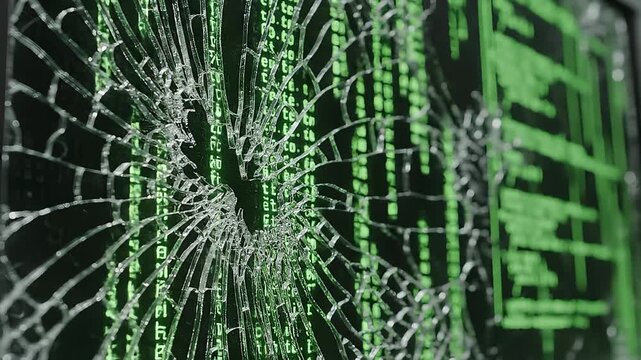 Cracked Screen Displaying Lines of Computer Code in Green