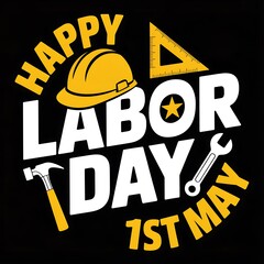 Happy labor day 1st may with tools and hard hat