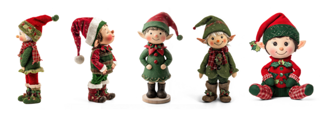 Five elves in various poses and outfits against a white background.