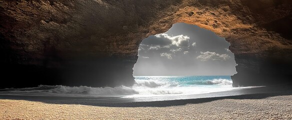 view from inside a coastal sea cave through a large rocky arch to a sunlit turquoise ocean with crashing waves, pebble beach and cloudy sky, serene and awe inspiring