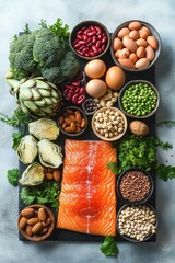 Vibrant spread of protein-rich foods: raw salmon fillet with brown eggs, broccoli, artichokes, almonds, cashews, walnuts, assorted beans, green peas and parsley on a slate board &mdash; fresh and nourishing