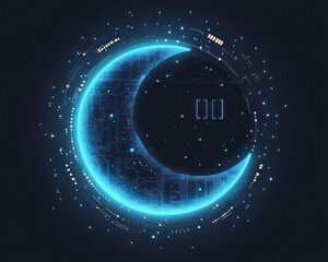 Glowing blue crescent moon with circuit board circuitry and digital HUD rings, scattered stars and particles, a serene mysterious futuristic tech atmosphere