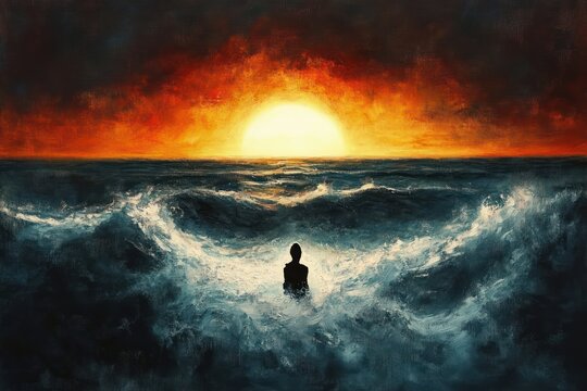 stormy dark ocean with crashing waves under a fiery red-orange sunset sky, dramatic and ominous mood - Powered by Adobe