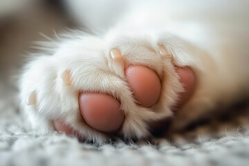 close-up of a fluffy white cat paw with pink pads and tiny claws resting on a soft textured surface, evoking warmth, coziness and gentle calm