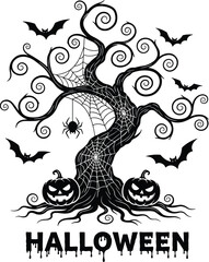 Spooky Halloween tree with bats, spider webs, pumpkins, creepy night illustration for haunted party decorations and seasonal stock design artwork