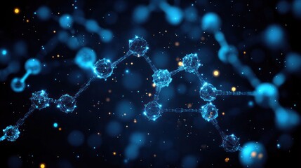 Glowing blue molecular network of connected spherical nodes and bonds floating among tiny glowing particles in a dark futuristic starry background, evoking scientific awe