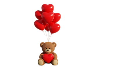 A brown teddy bear holding a heart and tied to red heartshaped balloons isolated on transparent background