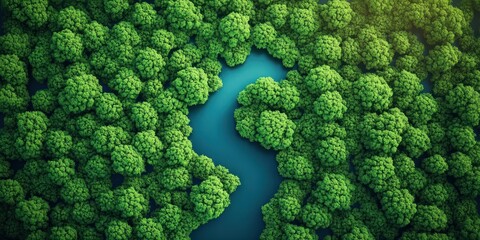 Aerial view of a dense emerald forest with a winding teal river cutting through, bathed in warm sunlight, evoking a tranquil and rejuvenating mood
