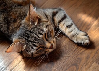 content tabby cat sleeping peacefully on sunlit wooden floor, cozy and relaxed domestic pet