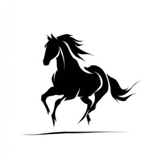 Obraz premium A black silhouette of a galloping horse, simplified to its most basic form, is placed on a pure white background, symbolizing speed, freedom, and movement, focusing on minimalist design.