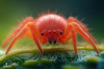 tiny bright red fuzzy mite on a green leaf, close-up macro portrait staring forward with a curious intense gaze