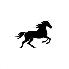 Obraz premium A black silhouette of a galloping horse, simplified to its most basic form, is placed on a pure white background, symbolizing speed, freedom, and movement, focusing on minimalist design.