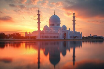 Naklejka premium majestic white mosque with domes and tall minarets mirrored in calm water at golden sunset, serene and peaceful atmosphere