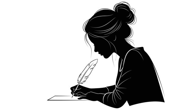 Silhouette of Woman Writing with Quill &ndash; Elegant Literary Female Illustration