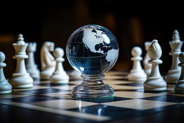glass globe as a chess piece centered on a black and white chessboard surrounded by white chess pieces, dramatic lighting evoking tense strategic thinking