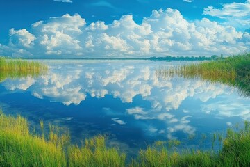 serene marsh lake with vibrant green reeds and towering white cumulus clouds perfectly reflected in still blue water, peaceful tranquil summer landscape