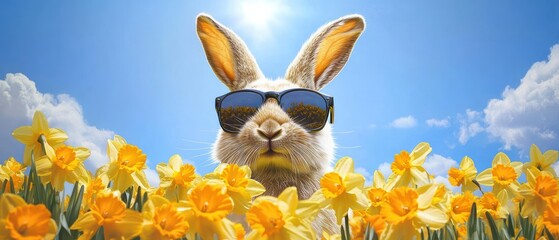 Fototapeta premium Playful rabbit with sunglasses peeking through bright yellow daffodils under a sunny blue sky, cheerful and relaxed