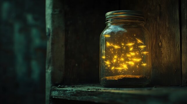 Glow-worm jar on rustic shelf