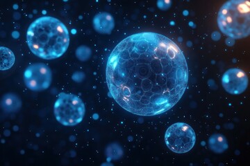 glowing translucent blue spheres with hexagonal mesh and drifting particles in a dark space, evoking wonder and futuristic scientific mystery
