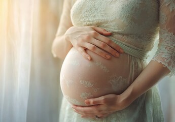 Pregnant woman in lace dress gently cradling baby bump with both hands in soft warm sunlight, a serene and tender maternity moment