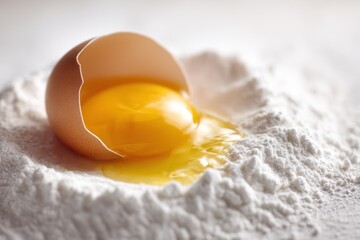 A close up view of broken egg spilling yolk on white flour