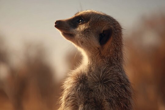 A curious Meerkat standing alert with a backlit profile
