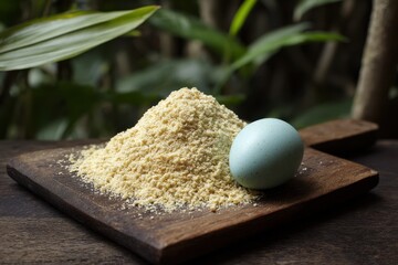 A pile of cassava flour and blue egg on wooden board