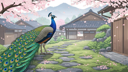 Elegant peacock with vibrant plumage near traditional japanese houses in spring