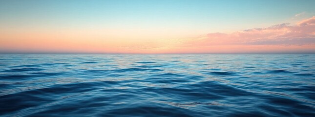 Tranquil open ocean with gentle rippling waves under a pastel sunrise sky and a distant cloud-lined horizon