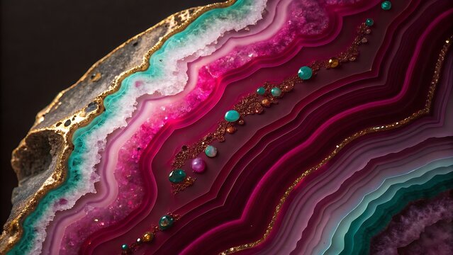Vibrant pink agate slice with gold and teal accents