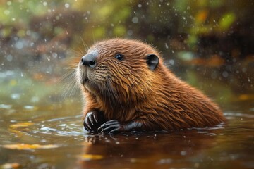 Curious beaver in calm pond, wet glossy fur and whiskers, gentle ripples and rain droplets with autumnal blurred foliage, peaceful contemplative mood