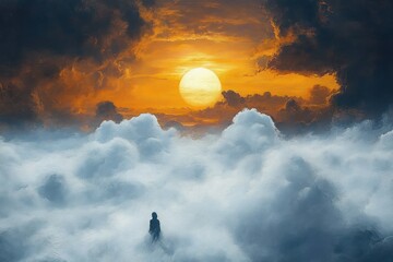 solitary silhouette standing on clouds beneath a golden sun and dramatic stormy sky, evoking awe and serene contemplation