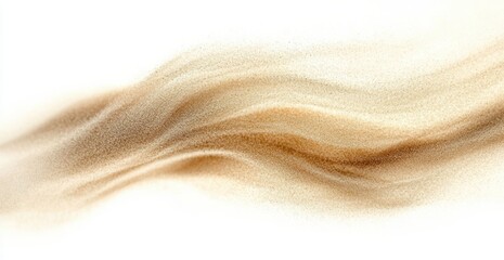 Flowing golden sand particle waves forming soft ribbon-like swirls on a white background, evoking calm and serene motion