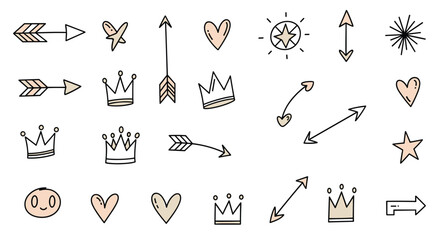 Hand-drawn doodle graphic set featuring cute arrows, crowns, hearts, stars, sun, and a sweet baby face in a gentle pastel color palette.