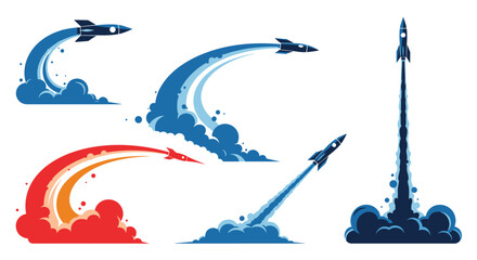 Collection of stylized rocket ships launching and flying with dynamic smoke and exhaust trails, symbolizing progress and innovation.