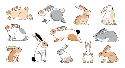 Various adorable cartoon rabbit characters illustrated in different positions and fur patterns, perfect for spring or Easter designs.