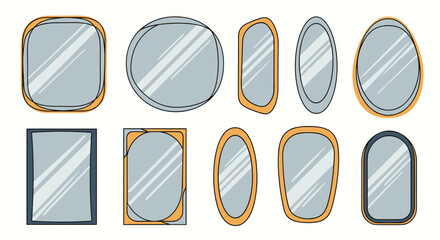 A diverse collection of various shaped mirrors with different frames, illustrating modern and classic designs for home decor.