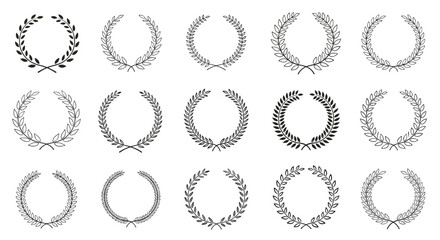 A collection of diverse hand-drawn and stylized laurel wreaths, perfect for emblems, awards, victory symbols, and elegant graphic designs.