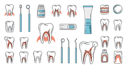 A comprehensive set of line art dental icons illustrating various aspects of oral health, treatment, and hygiene.