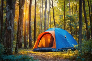 blue and orange camping tent pitched in a sunlit forest clearing among tall trees at golden hour, peaceful and cozy atmosphere